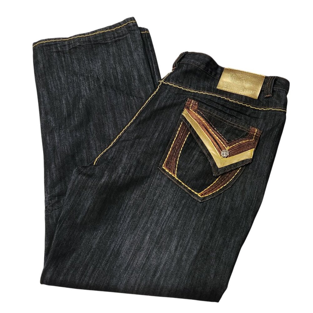Vintage Raw Blue Jeans Mens 42 Gold Embroidered Baggy Wide Leg Y2K Flap Pockets